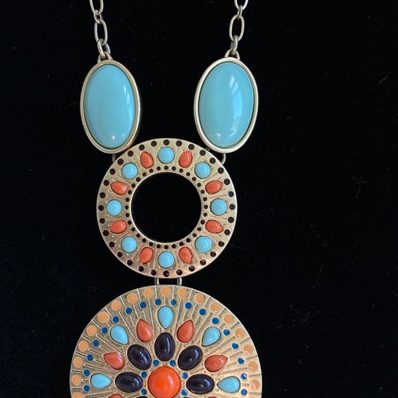 NECKLACE & EARRING SET Gold Toned Orange & Blue Stones 20" - Picture 3 of 7